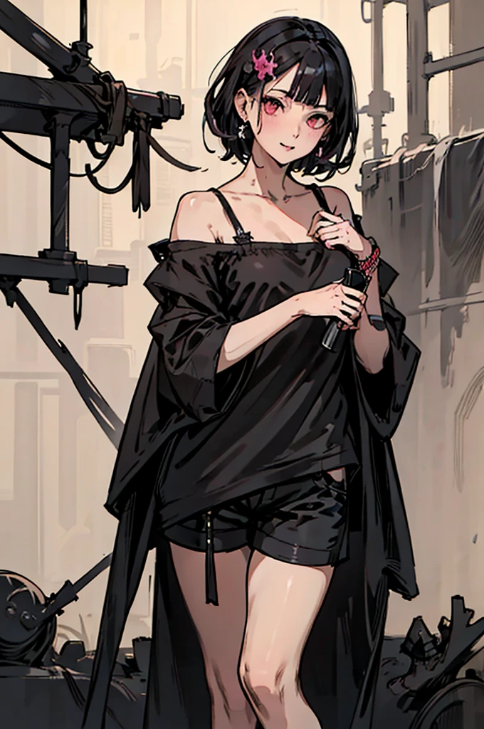 teddy bear、Gothic Punk、耳?????? Ring、hair ornaments、Black-haired、pink and black colors、Bobcut、black pink shirt、、Black shorts、Blunt bangs、Photorealistic, High resolution, 1 girl, Korean, Eye of Fire、Afterimage of flame seen from the eye
