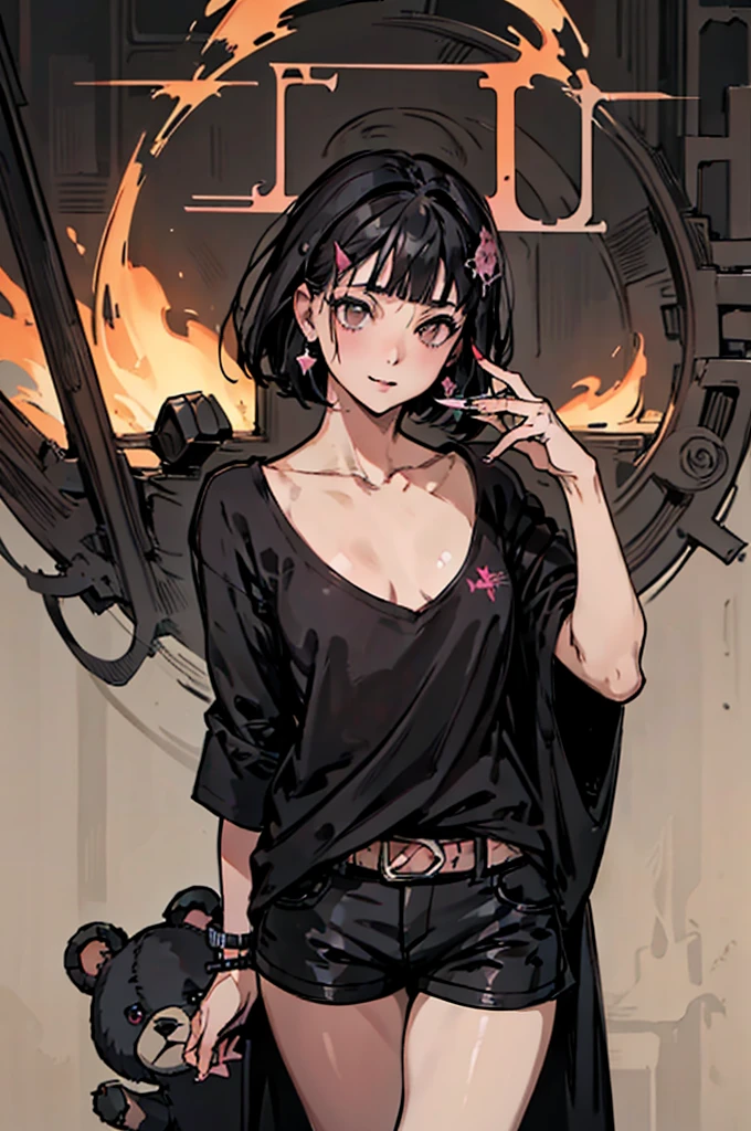 teddy bear、Gothic Punk、耳Nipple Ring、hair ornaments、Black-haired、pink and black colors、Bobcut、black pink shirt、、Black shorts、Blunt bangs、Photorealistic, High resolution, 1 girl, Korean, Eye of Fire、Afterimage of flame seen from the eye