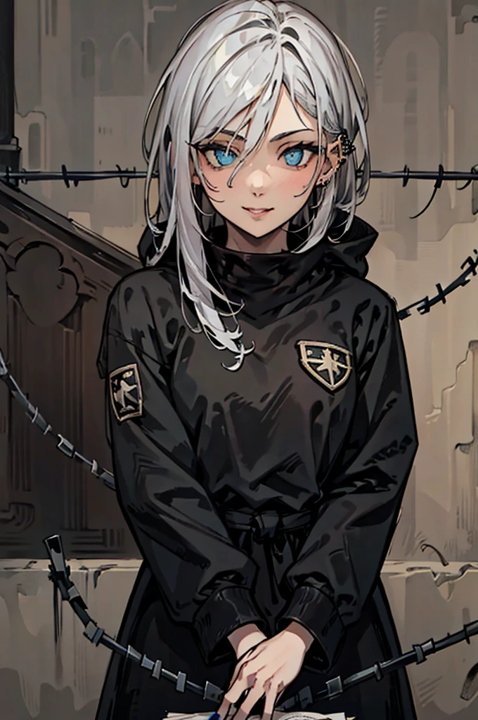 Beautiful young grey-haired woman with piercing red and blue eyes, Half smile with full lips, Black nails, Barbed wire everywhere(Wrapped in black barbed wire),Reading eyes,blue eyes, (Different eyes), (Heterochromia)