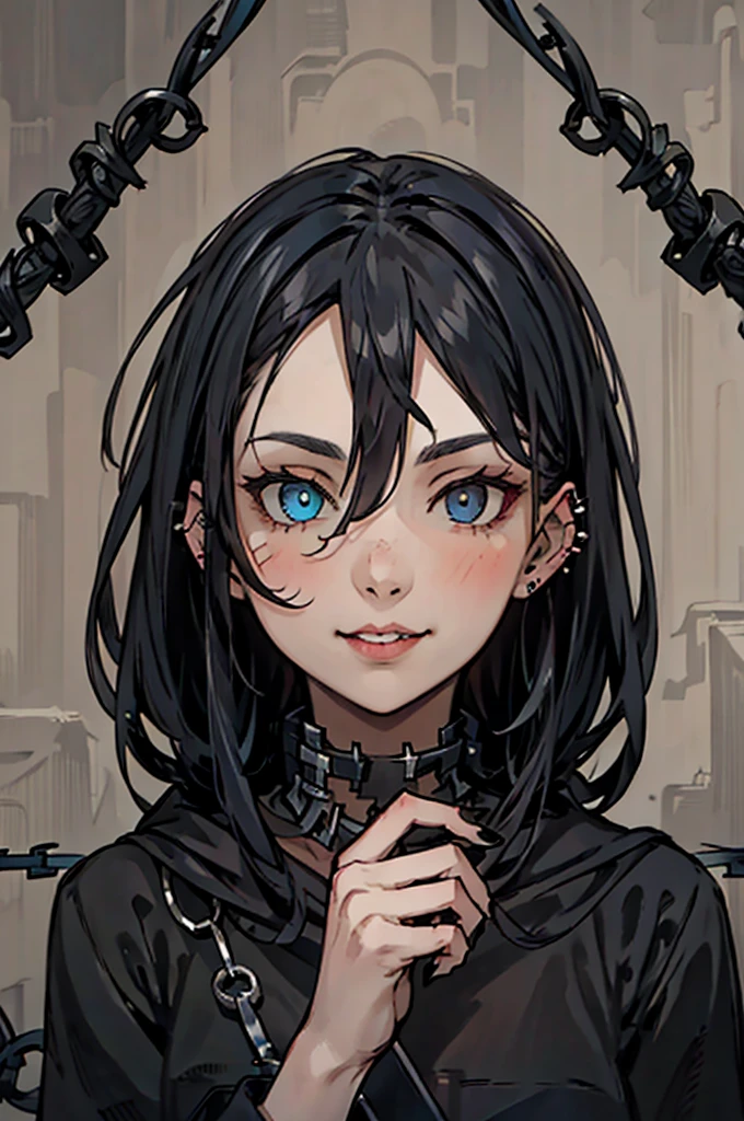 Beautiful young grey-haired woman with piercing red and blue eyes, Half smile with full lips, Black nails, Barbed wire everywhere(Wrapped in black barbed wire),Reading eyes,blue eyes, (Different eyes), (Heterochromia)
