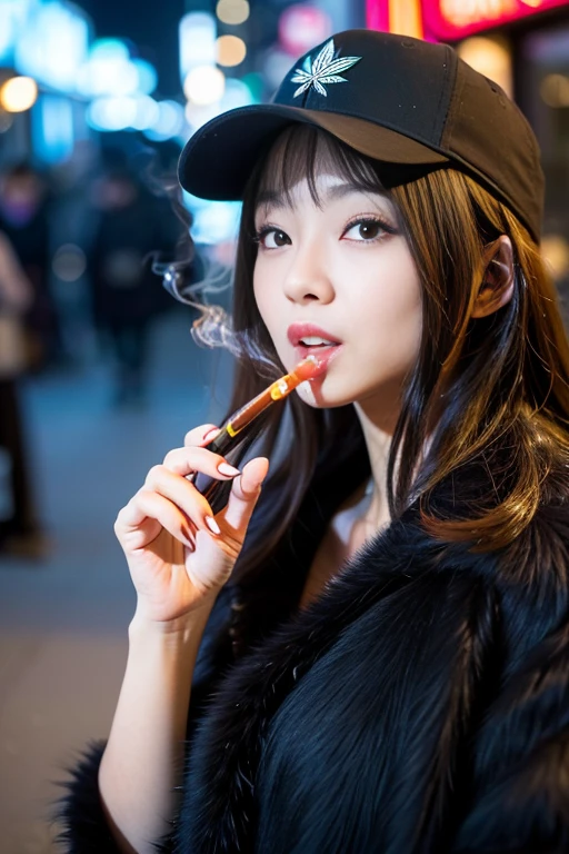 Best Quality, Masterpiece, Ultra High Resolution, (Photorealistic: 1.4), Raw Photo, Highly Detailed, Perfect Anatomy, Highly Detailed, 1girl, 20years old, most famous Japanese idol, grinning, on the main street of Tokyo Tower((((walking while smoking lit Electric cigarette)))), wearing a luxurious black fur coat, very cute face like the most popular Japanese actress, very beautiful big dark circle eyes, very beautiful lips, very beautiful realistic skin, very beautiful body, proportions the perfect one, black baseball cap cool design detail, luxury black fur coat detail, detail of Tokyo's main street, ((detail of lit marijuana shop, detail of lots of smoke from lit marijuana shop))