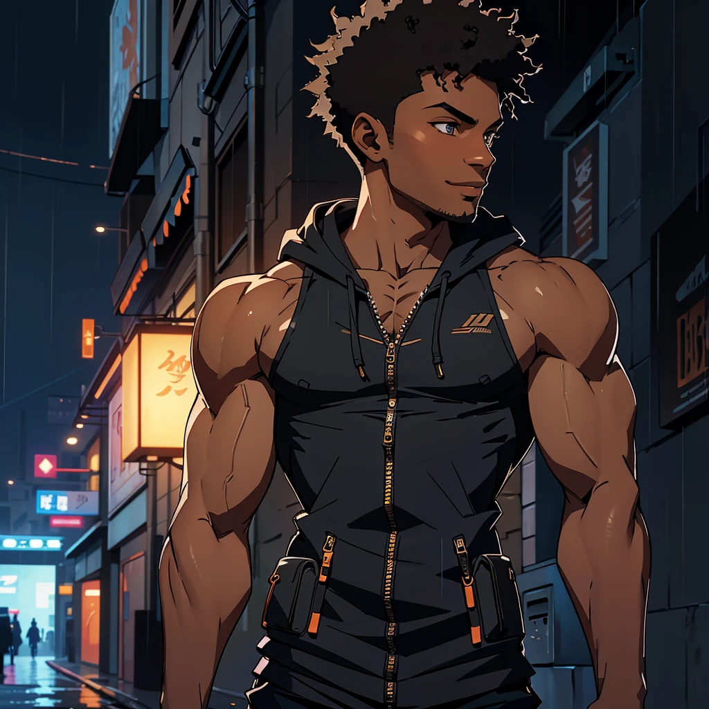 (best quality, masterpiece), anime style. black man, dark street, rain, orange light, Apocalypse Themed background, New York, tank top, unzipped hoodie, muscular, upper body, blurry background, around 20 years old, black teenage male, profile photo,realistic shaded perfect body, highres,incredibly absurdres,absurdres,very_high resolution,original,intricate details,hyper detail,ultra-detailed,exquisite detailed, extremely delicate,intricate delicate,hyper delicate,beautiful,UHD wallpaper,colorful