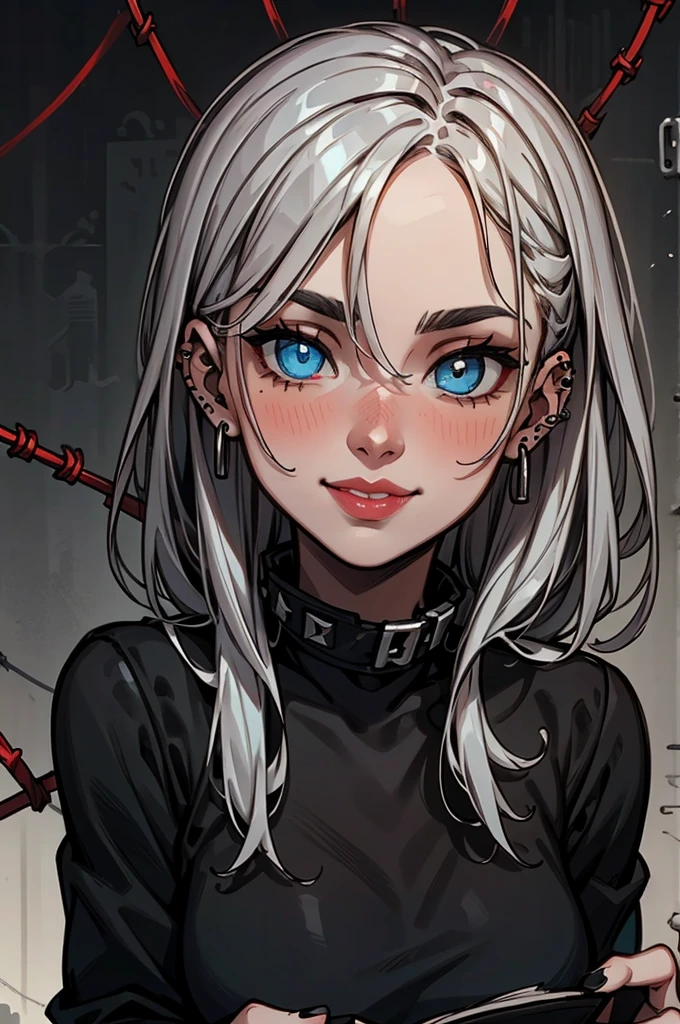 Beautiful young grey-haired woman with piercing red and blue eyes, Half smile with full lips, Black nails, Barbed wire everywhere(Wrapped in black barbed wire),Reading eyes,blue eyes, (Different eyes), (Heterochromia)