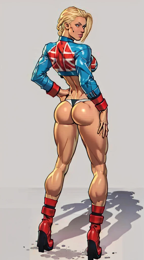 Drawing of cammy_white, cammy sf6,1girl, solo, bang, scar on cheek, blonde hair, blue eyes, short hair, (((Plain background:1.2))) (masterpiece, high quality:1.1) 1girl solo full body squatting looking to the viewer, view from below, hairstyle short bob hair cut with a braid, extra long hair, white silver hair, red eyes, HANDS ON HIPS (yellow tiger bikini print long sleeves and long stockings) (dark elf dark skin) (incredibly beautiful full body photo, standing, (((bright eyes))), good anatomy, perfect hand muscular legs))), thin waist, muscular abdomen, wearing black high heel shoes, (((with her back to me showing her big shapely ass to me)))