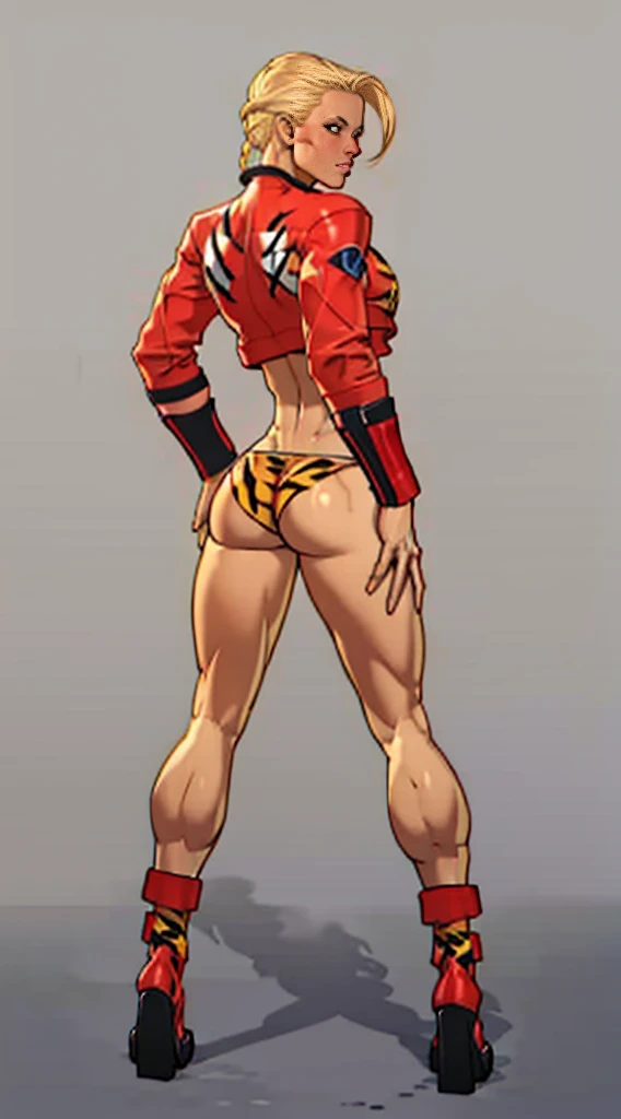 Drawing of cammy_white, cammy sf6,1girl, solo, bang, scar on cheek, blonde hair, blue eyes, short hair, (((Plain background:1.2))) (masterpiece, high quality:1.1) 1girl solo full body squatting looking to the viewer, view from below, hairstyle short bob hair cut with a braid, extra long hair, white silver hair, red eyes, HANDS ON HIPS (yellow tiger bikini print long sleeves and long stockings) (dark elf dark skin) (incredibly beautiful full body photo, standing, (((bright eyes))), good anatomy, perfect hand muscular legs))), thin waist, muscular abdomen, wearing black high heel shoes, (((with her back to me showing her big shapely ass to me)))
