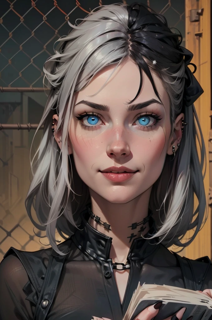 Beautiful young grey-haired woman with piercing red and blue eyes, Half smile with full lips, Black nails, Barbed wire everywhere(Wrapped in black barbed wire),Reading eyes,blue eyes, (Different eyes), (Heterochromia)