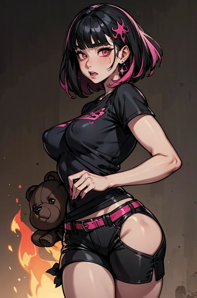 teddy bear、Gothic Punk、耳Nipple Ring、hair ornaments、Black-haired、pink and black colors、Bobcut、black pink shirt、、Black shorts、Blunt bangs、Photorealistic, High resolution, 1 girl, Korean, Eye of Fire、Afterimage of flame seen from the eye