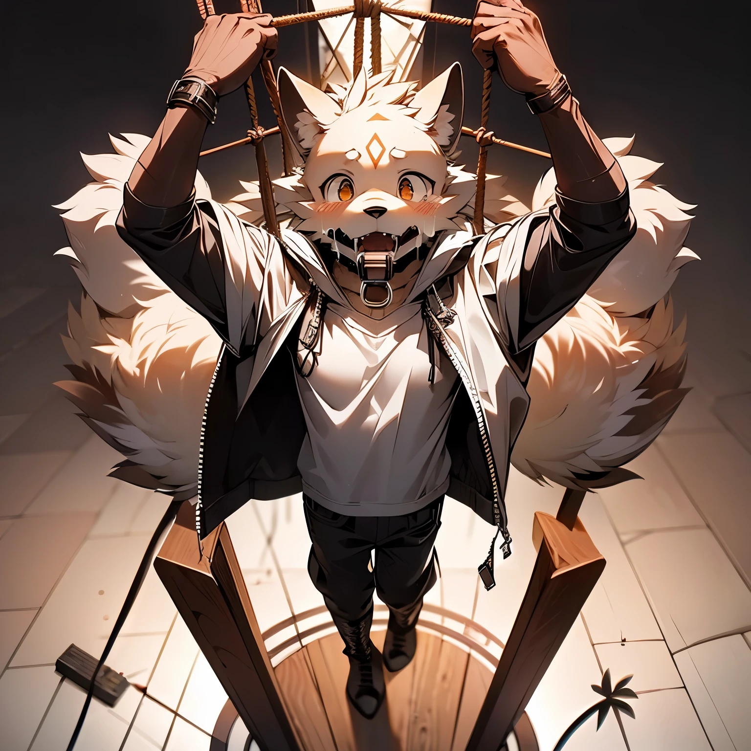background:white,whole body,Beastman,Wolf,Shota,,posture:Straight,Rope Restraints,Suspension,Raise your arms,Overreaching,sweating,tears,Wrapping the whole body in rope,Long Parka,pants,boots,With heels,Struggling,Ball gag,Unable to move, struggling,