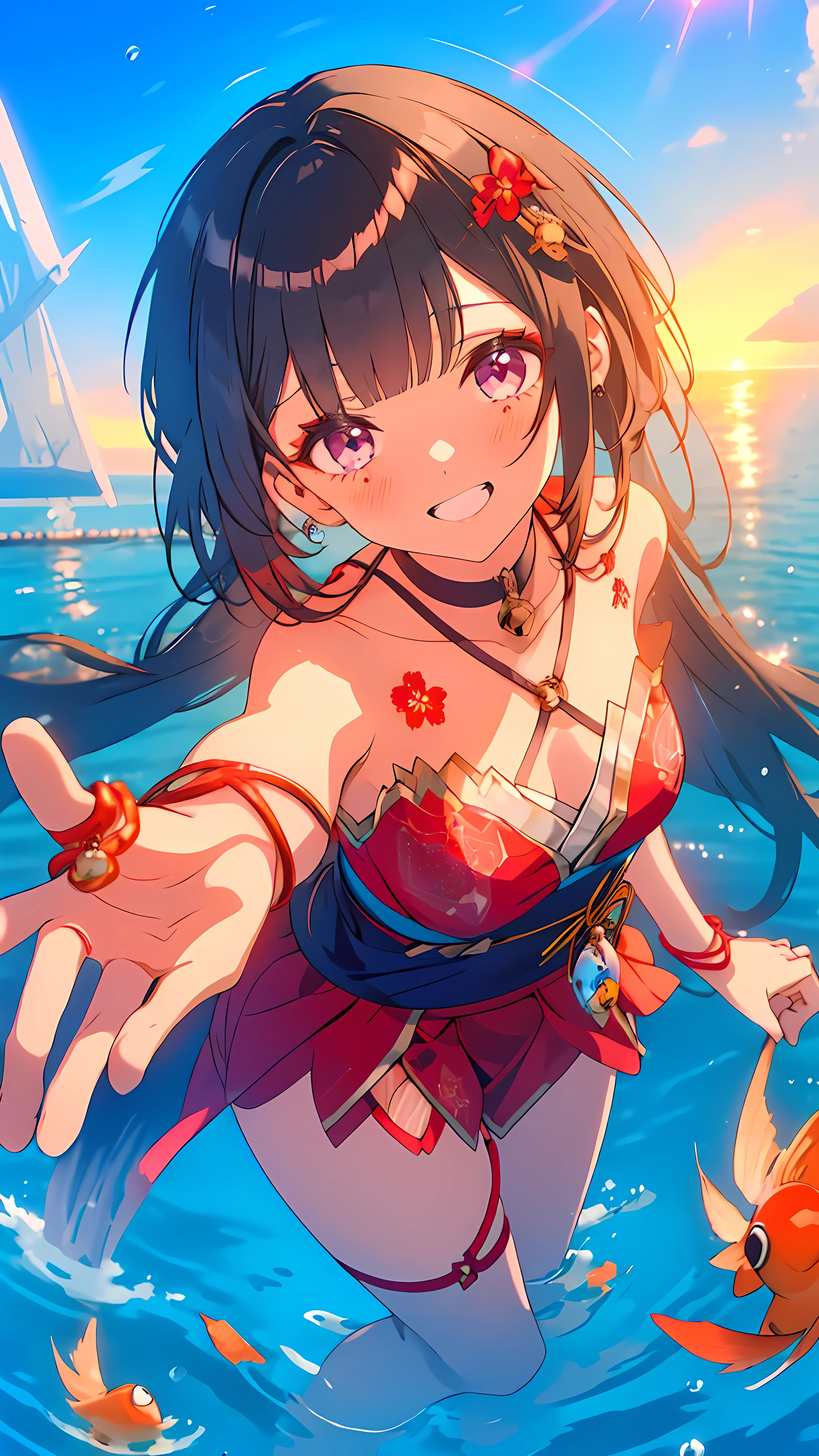 ((masterpiece,highest quality)), Super detailed, Shine, Shine, Ray Tracing,, (Perfect Face, Detailed face, Fine grain, Perfect hands, Perfect Fingers:1.5),, hd, Super cute face, highest quality, Super detailed, Shine eyes, (highest quality realistic illustrations), (Super fine), (Cute illustrations:1.3), (High chroma:1.3),, Beautiful detailed face and eyes, Dynamic lighting, (Very delicate and beautiful), (Nice hands), (Perfect hands:1.4), Highly detailed illustration, Super cute and beautiful, highest quality, slender, ,Baby Face, cute, cute,, ((masterpiece,highest quality)), One girl, Sparkle HSR, lying back on water, bracelet, Thigh straps, 裸feet, Raise your knees, From above, blush, smile, Goldfish, smile, smile,Attractionake your face bright red,Realistically,Open your arms and embrace me,, Ocean,sunset, (Complex background, There are many elements in the background:1.2),((Super detailed background)), ((8K wallpaper)),, Colorful background,, feet, sexy,