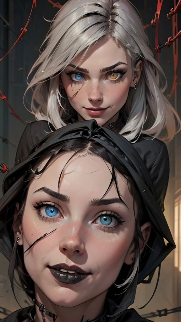Beautiful young grey-haired woman with piercing red and blue eyes, Half smile with full lips, Black nails, Barbed wire everywhere(Wrapped in black barbed wire),Reading eyes,blue eyes, (Different eyes), (Heterochromia)