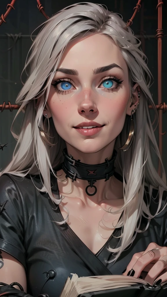 Beautiful young grey-haired woman with piercing red and blue eyes, Half smile with full lips, Black nails, Barbed wire everywhere(Wrapped in black barbed wire),Reading eyes,blue eyes, (Different eyes), (Heterochromia)