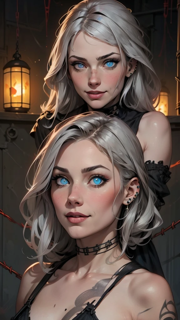 Beautiful young grey-haired woman with piercing red and blue eyes, Half smile with full lips, Black nails, Barbed wire everywhere(Wrapped in black barbed wire),Reading eyes,blue eyes, (Different eyes), (Heterochromia)