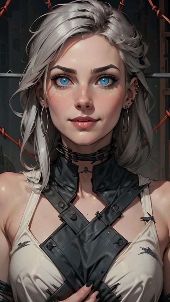 Beautiful young grey-haired woman with piercing red and blue eyes, Half smile with full lips, Black nails, Barbed wire everywhere(Wrapped in black barbed wire),Reading eyes,blue eyes, (Different eyes), (Heterochromia)
