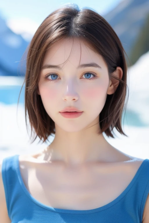 Une femme, 25 ans, cheveux longs, cheveux bleus, yeux bleus, details, dans la montagne, snowy mountain, glacier, armure de glace, aura blanche autour d'elle