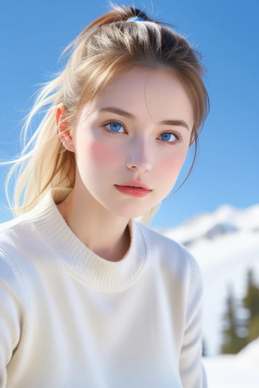 Une femme, 25 ans, cheveux longs, cheveux bleus, yeux bleus, details, dans la montagne, snowy mountain, glacier, armure de glace, aura blanche autour d'elle