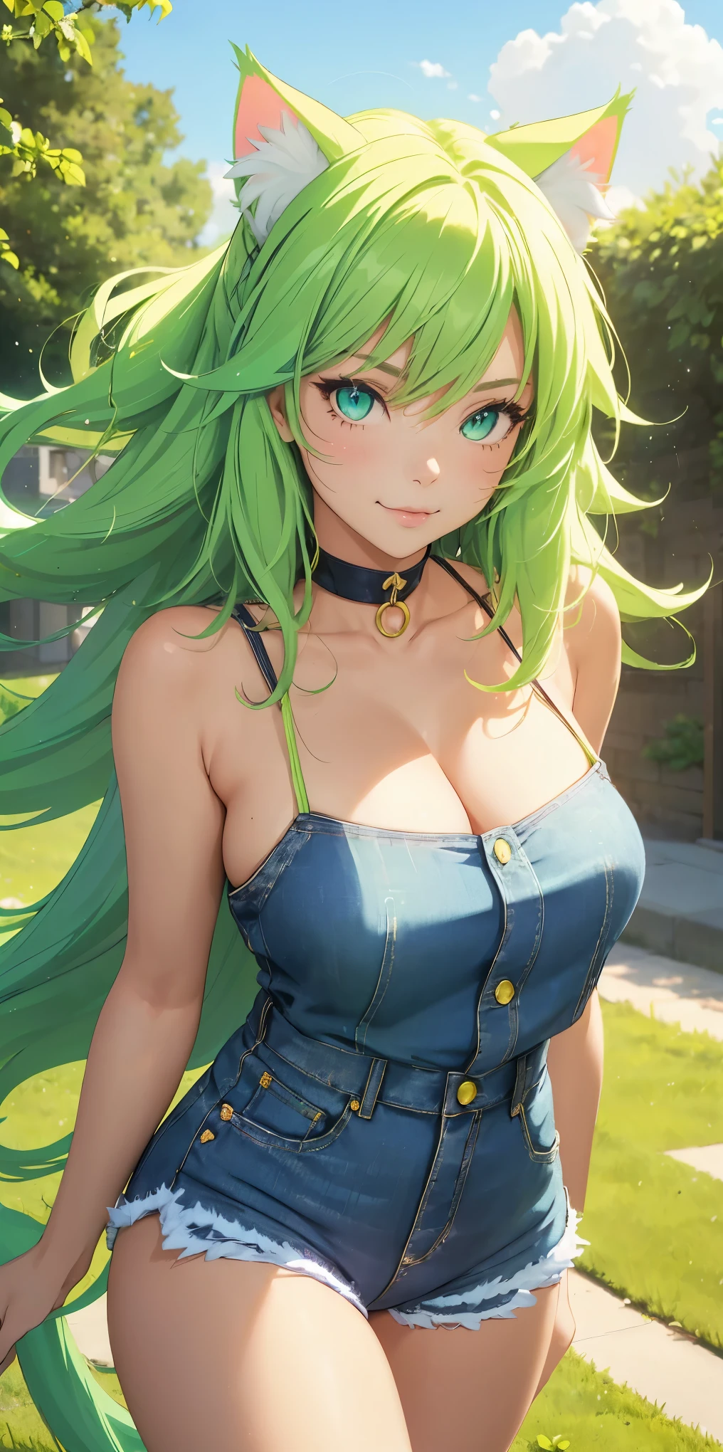 (((1 cat girl ))), ((cat ears)) solo, (((long neon green hair blown by the wind))), blue eyes, cropped and short kawaii denim jumpsuit, spaghetti strap, short, lace, look at viewer, luxurious, elegant, extremely detailed, pink lips, smiling, shy, feminine charm, blurry, beautiful sky, trees, garden, butterfly, beautiful flowers, depth of field, shy pose