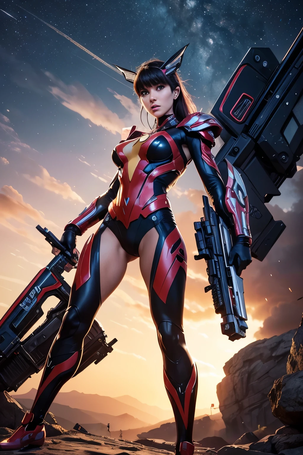 RAW, Best quality, high resolution, Masterpiece: 1.3), Stunning fusion of Transformers, Evangelion, and DC Comics Vixen (iu:1.2), Best quality, high resolution, Masterpiece: 1.3, Breathtaking fusion of Transformers, Evangelion, and Vixen's female Mech, Masterpiece, Sleek and futuristic design, Long shoot, língering gaze, Realistic details, 1 girl, Powerful and elegant, Detailed textures, intricate machinery, Toned muscles, Vibrant colors, Oversized cockpit,Arrays of complex gadgets, Advanced weaponry, Vol