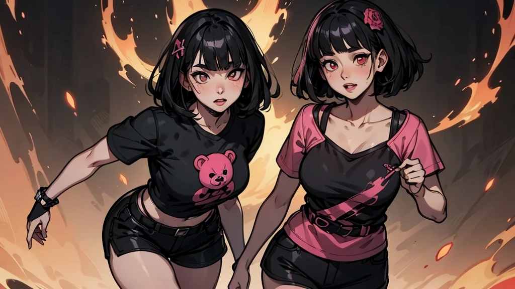 teddy bear、Gothic Punk、、hair ornaments、Black-haired、pink and black colors、Bobcut、black pink shirt、、Black shorts、Blunt bangs、Photorealistic, High resolution, 1 girl, Korean, Eye of Fire、Afterimage of flame seen from the eye

