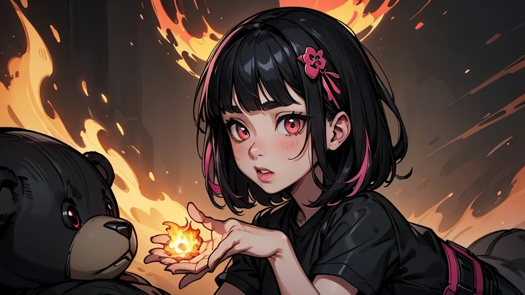 teddy bear、Gothic Punk、、hair ornaments、Black-haired、pink and black colors、Bobcut、black pink shirt、、Black shorts、Blunt bangs、Photorealistic, High resolution, 1 girl, Korean, Eye of Fire、Afterimage of flame seen from the eye