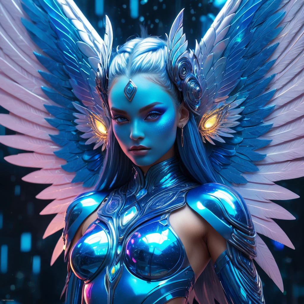 a Pixie, large wings, full body,neon blue glass forehead, dmt artwork, trending digital visionary art, Pixie goddess in cosmos, solarised, bodybuilder body, female alien, inverted colors, blue holographic face, with blue skin, extremely intricate, iconic, π, optics, ultra realistic, ray tracing reflections, artgerm julie bell beeple, inka harpy girl, digital fantasy art, Jan Tengnagel, Gil Bruvel 16k 