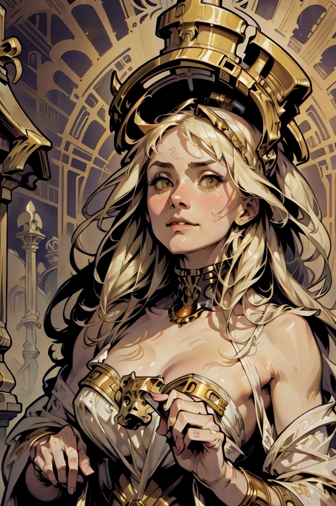 highest quality, High resolution, woman , At the Cemetery, blonde、Bob Hair, (Alphonse Mucha:1.10),、antique、Horror taste、Bone, Bone,((Alphonse Mucha))