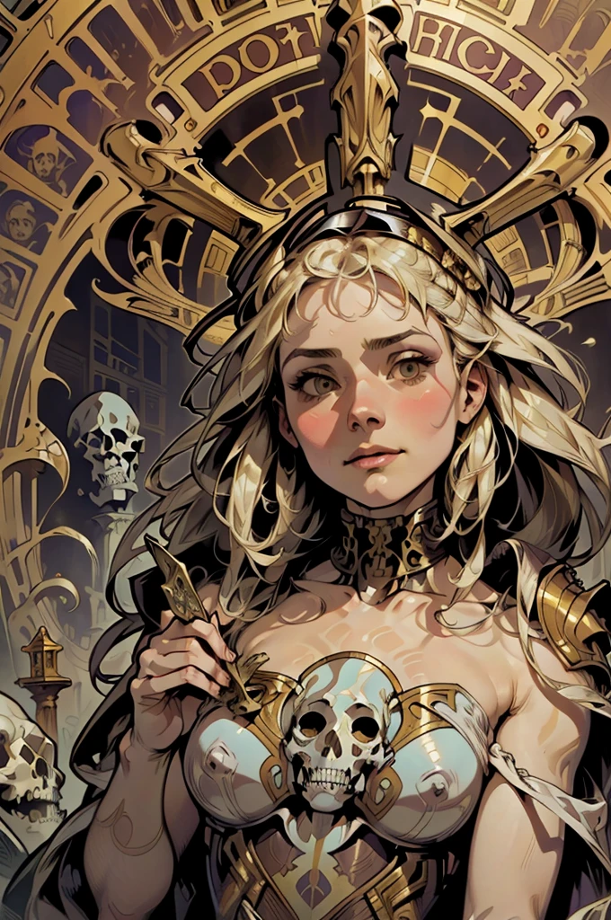 highest quality, High resolution, woman , At the Cemetery, blonde、Bob Hair, (Alphonse Mucha:1.10),、antique、Horror taste、Bone, Bone,((Alphonse Mucha))
