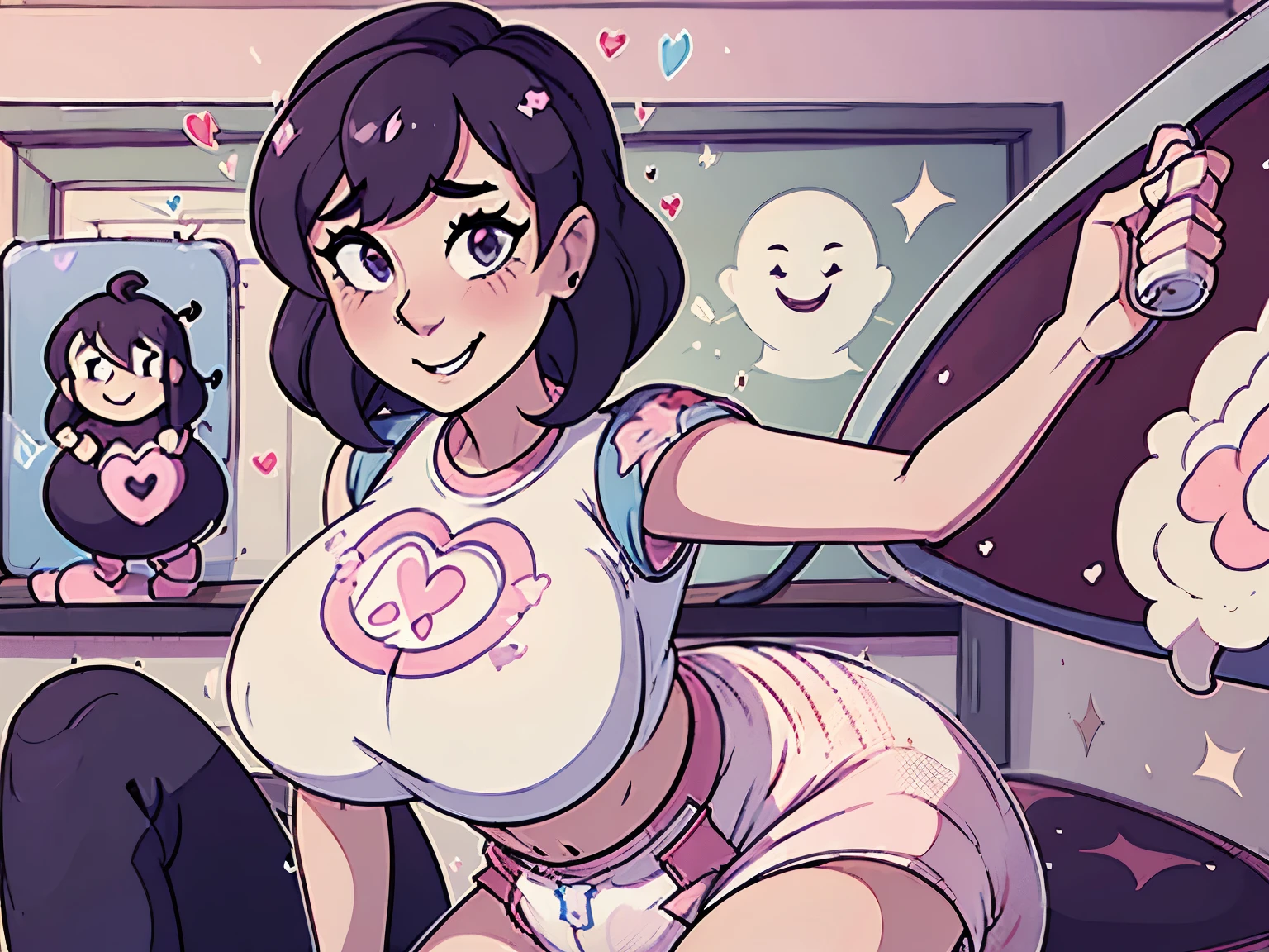 A woman on wearing a (big bulbous puffy diaper), magic spell, dominant mommydom, heart emojis, smiling, mischievous smile, (mommydom, classroom, in detention), goth girl, large breasts, wide hips, wearing a big diaper, pouty mockingly, mischievous, latina, jeans, diaper under her jeans