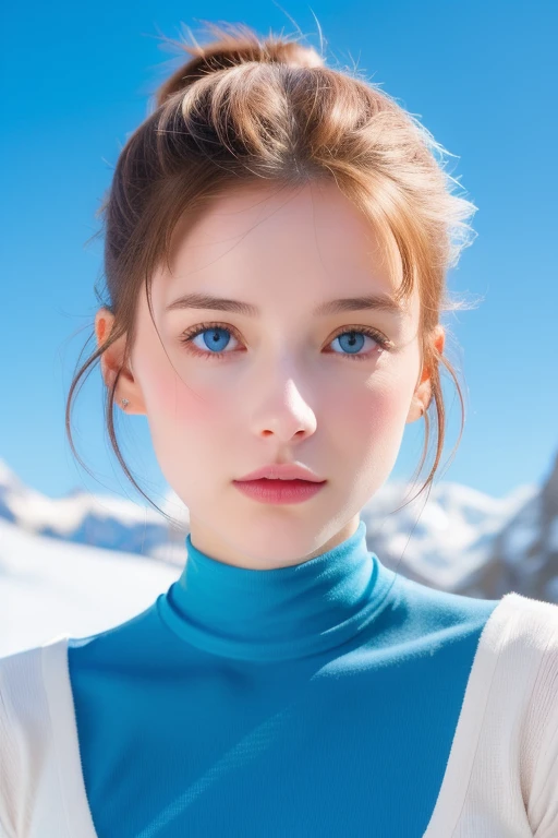 Une femme, 25 ans, cheveux longs, cheveux bleus, yeux bleus, details, dans la montagne, snowy mountain, glacier, armure de glace, aura blanche autour d'elle
