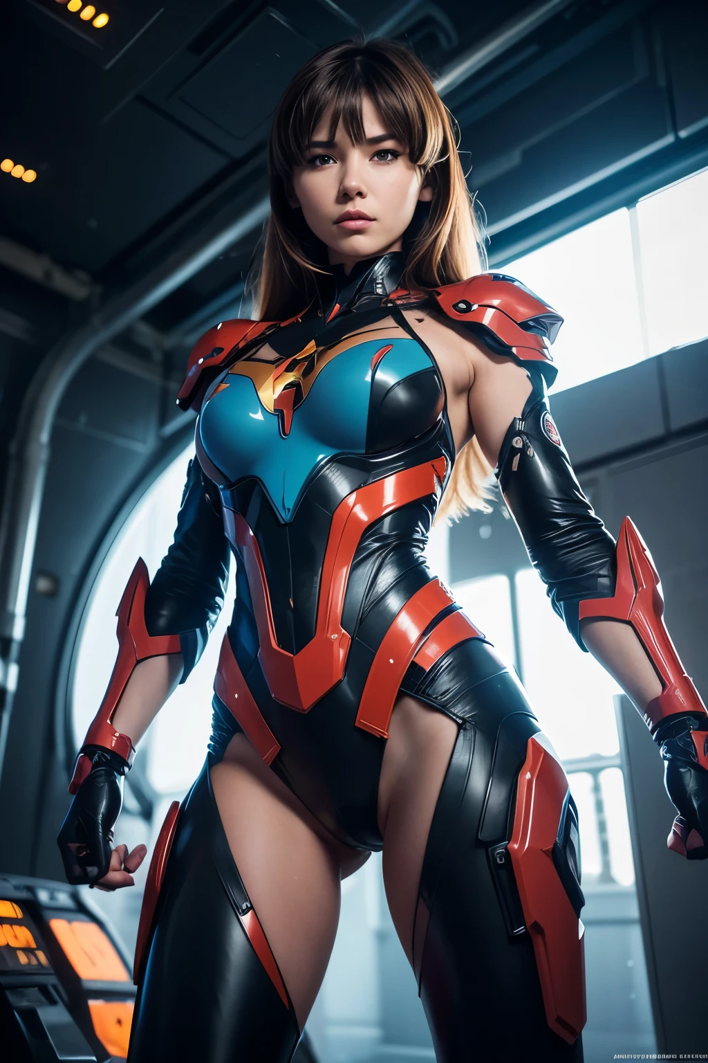 RAW, Best quality, high resolution, Masterpiece: 1.3), Stunning fusion of Transformers, Evangelion, and DC Comics Vixen (iu:1.2), Best quality, high resolution, Masterpiece: 1.3, Breathtaking fusion of Transformers, Evangelion, and Vixen's female Mech, Masterpiece, Sleek and futuristic design, Long shoot, língering gaze, Realistic details, 1 girl, Powerful and elegant, Detailed textures, intricate machinery, Toned muscles, Vibrant colors, Oversized cockpit,Arrays of complex gadgets, Advanced weaponry, Vol