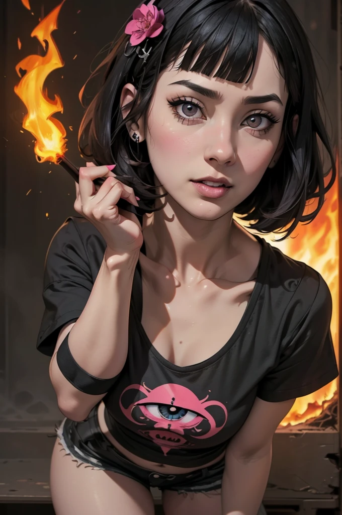teddy bear、Gothic Punk、、hair ornaments、Black-haired、pink and black colors、Bobcut、black pink shirt、、Black shorts、Blunt bangs、Photorealistic, High resolution, 1 girl, Korean, Eye of Fire、Afterimage of flame seen from the eye
