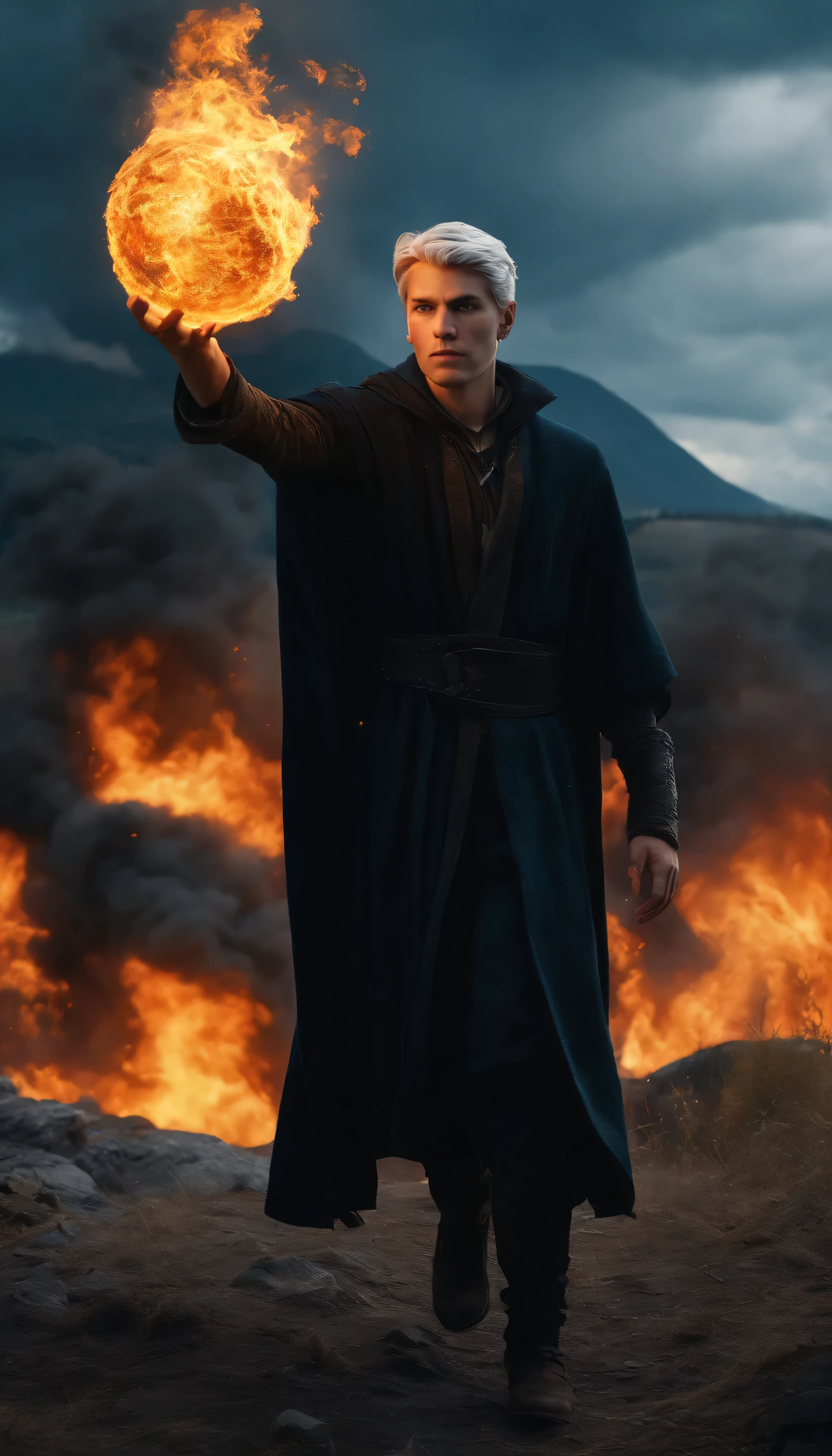 "(best quality,8k),(close half body,close-up) portrait,(male) young wizard, (black) clothes, (grey) short hair, (from behind), hand up to the sky, throwing a massive (blue) fireball, (destroying) a village in the distance,(hill) background, (burning) village background"