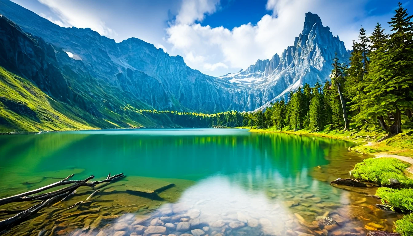 Paisagem  com montanhas arvores e um lago