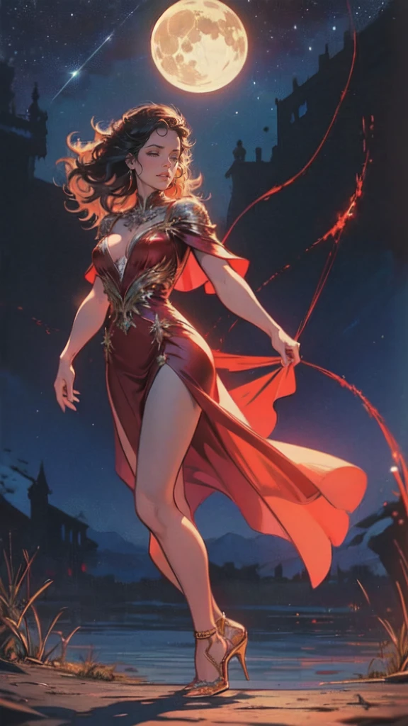 fantasy art, RPG art, photograph, RAW, (Ultra detailed: 1.5), Best Detailed, picture of a female vampire standing in St. Peter in the Vatican, an exquisute beautiful female vampire, full body, (best detailed face: 1.2), (grey skin: 1.2), red lips, (vampiric fangs1:1) (blood veins visible: 1.3), ultra feminie, blond hair, long hair, rich, flowing hair,wavy hair, red glowing eyes, wearing short dress, silk dress, intricate detaled dress, high heels, standing in St. Peter square in Vatican city, at night, full moon, stars in the sky, St. Peter square background, best quality, (extremely detailed), ultra wide shot, photorealism, depth of field, hyper realistic, 2.5 rendering,