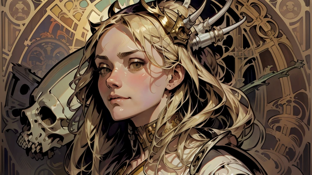 highest quality, High resolution, woman , At the Cemetery, blonde、Bob Hair, (Alphonse Mucha:1.10),、antique、Horror taste、Bone, Bone,((Alphonse Mucha))