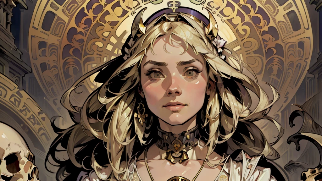 highest quality, High resolution, woman , At the Cemetery, blonde、Bob Hair, (Alphonse Mucha:1.10),、antique、Horror taste、Bone, Bone,((Alphonse Mucha))