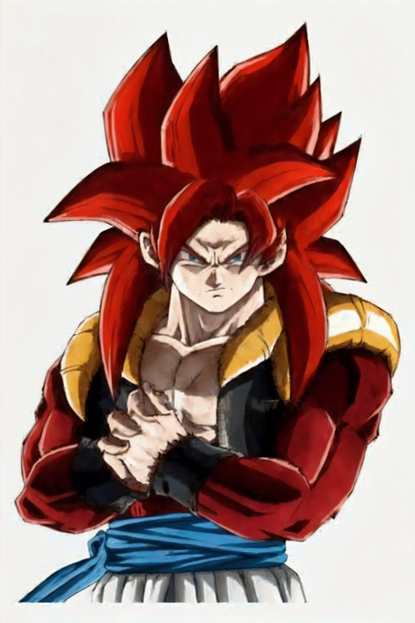 Real,real face,of a young gohan with red hair and a blue sash, gogeta, super sayan, super saiyan, going super saiyan, saiyan armor, character dragonball, super saiyan 3, broly, super sayian goku, by Akira Toriyama, wild spiky black saiyan hair, with vegeta head hair, son goku