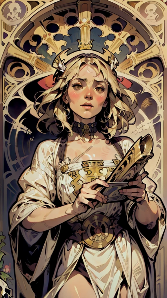 highest quality, High resolution, woman , At the Cemetery, blonde、Bob Hair, (Alphonse Mucha:1.10),、antique、Horror taste、Bone, Bone,((Alphonse Mucha))