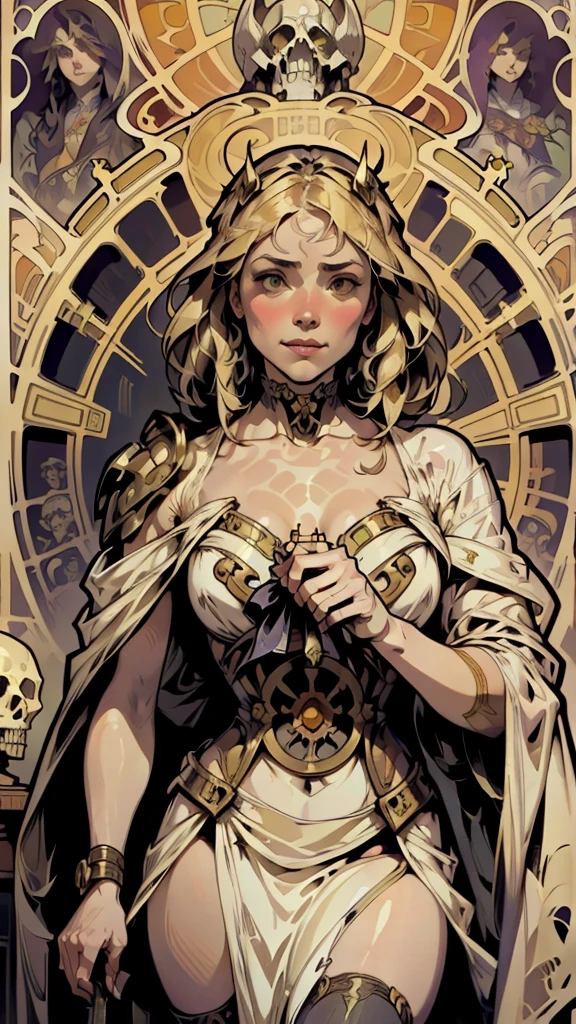highest quality, High resolution, woman , At the Cemetery, blonde、Bob Hair, (Alphonse Mucha:1.10),、antique、Horror taste、Bone, Bone,((Alphonse Mucha))