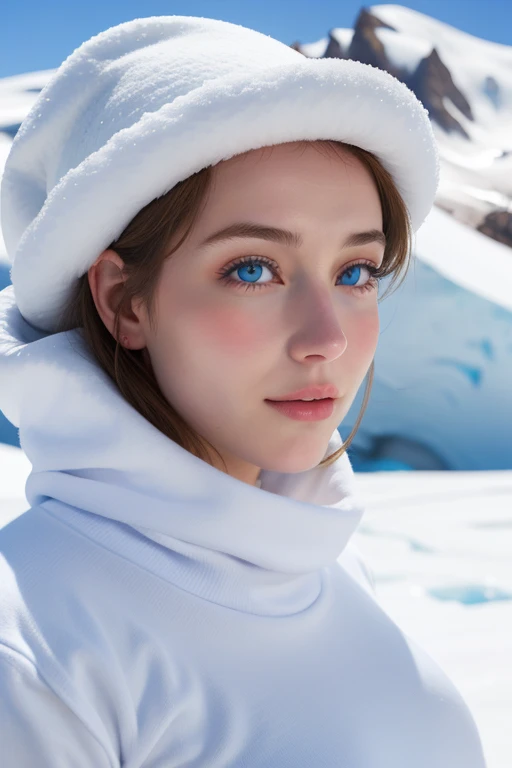 Une femme, 25 ans, cheveux longs, cheveux bleus, yeux bleus, details, dans la montagne, snowy mountain, glacier, armure de glace, aura blanche autour d'elle