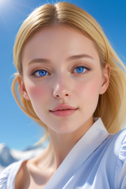 Une femme, 25 ans, cheveux longs, cheveux bleus, yeux bleus, details, dans la montagne, snowy mountain, glacier, armure de glace, aura blanche autour d'elle