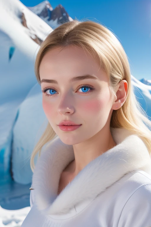 Une femme, 25 ans, cheveux longs, cheveux bleus, yeux bleus, details, dans la montagne, snowy mountain, glacier, armure de glace, aura blanche autour d'elle