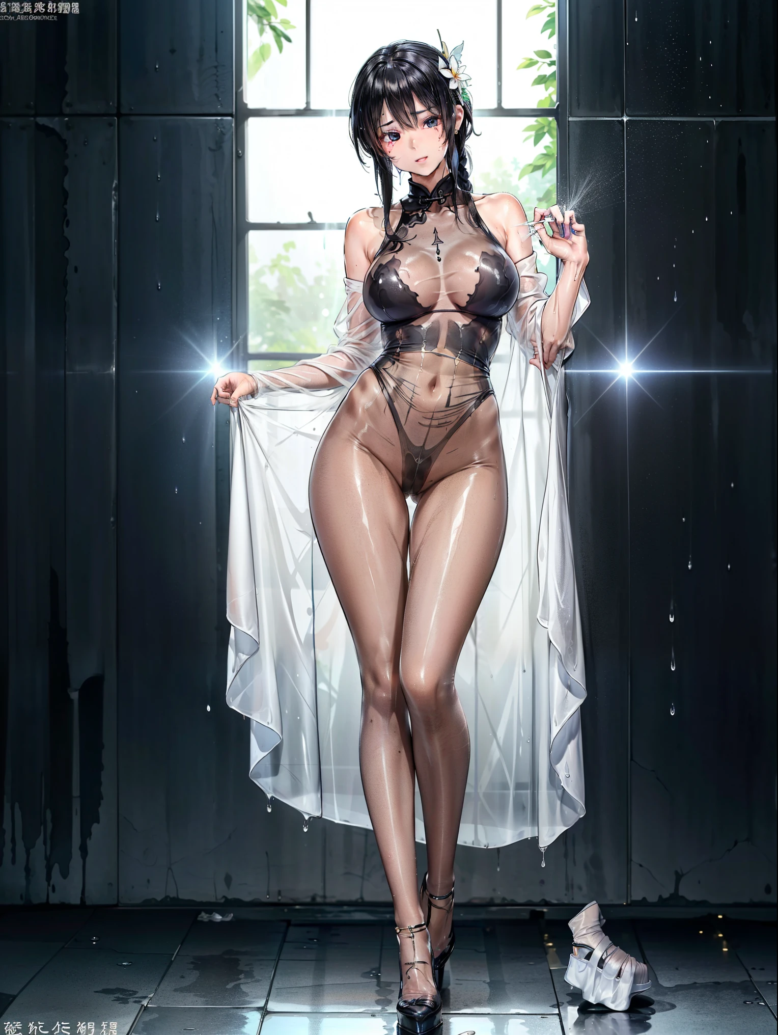 (whole body:1.5),(1 girl:1.3),(Viewer:1.4),(Anatomically correct:1.45),(Dancing under the waves:1.3),(很厚of印花连裤袜:1.4),( Chinese women wear printed fantasy tight pointed high heels :1.35), (Light particle effects:1.3),(粉紅色of | of | 蓝色of| 绿色of |红色of | 白色of| 黑色of| 紫色of| 灰色of| 淺褐色of| Flesh color 1.4),(发光of眼睛:1.3),(Large-scale movement: 1.3),(精准完美of脸型:1.4),Ultra HD, Ray Tracing, reflected light,Quite accurate, Awards, High Detail, Lighten the shadow contrast, Facial lighting,Movie Lighting, masterpiece, Super Detail, high quality, High Detail, 最好of质量, 16K,High contrast, (Wet clothes:1.4), Bare shoulders, 真正of雨, 濕of頭髮,..sweat,whole body是水,Crotch water flow