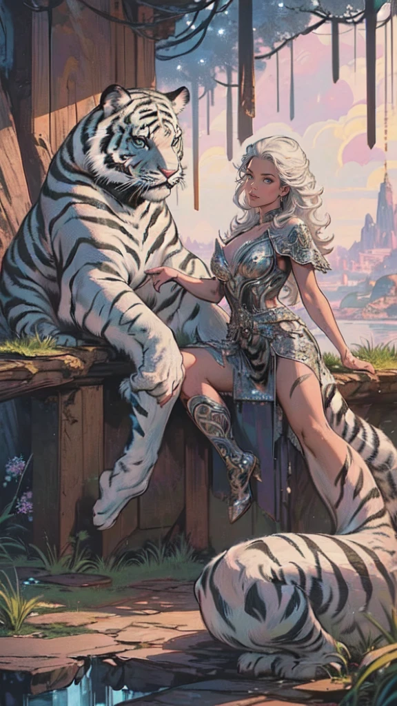 high details, best quality, 16k, [Ultra detailed], masterpiece, best quality, (extremely detailed), dynamic angle, ultra wide shot, RAW, photorealistic, fantasy art, RPG art, realistic art, a wide angle picture of an epic female drow ranger and her pet (white tiger: 1.3),  warrior of nature, fighter of nature, full body, [[anatomically correct]] full body (intricate details, Masterpiece, best quality: 1.5) talking to am epic (white tiger: 1.3) (intricate details, Masterpiece, best quality: 1.6) armed with an epic magical sword  (intricate details, Masterpiece, best quality: 1.5) epic magical sword fantasysword sword, glowing in blue light , in dark forest ( intricate details, Masterpiece, best quality: 1.4), a female beautiful epic drow wearing leather armor (intricate details, Masterpiece, best quality: 1.5), leather boots, thick hair, long hair, white hair, black skin intense eyes, forest  background (intense details), moon light, stars light, clouds (intricate details, Masterpiece, best quality: 1.5), dynamic angle, (intricate details, Masterpiece, best quality: 1.3), high details, best quality, highres, ultra wide angle