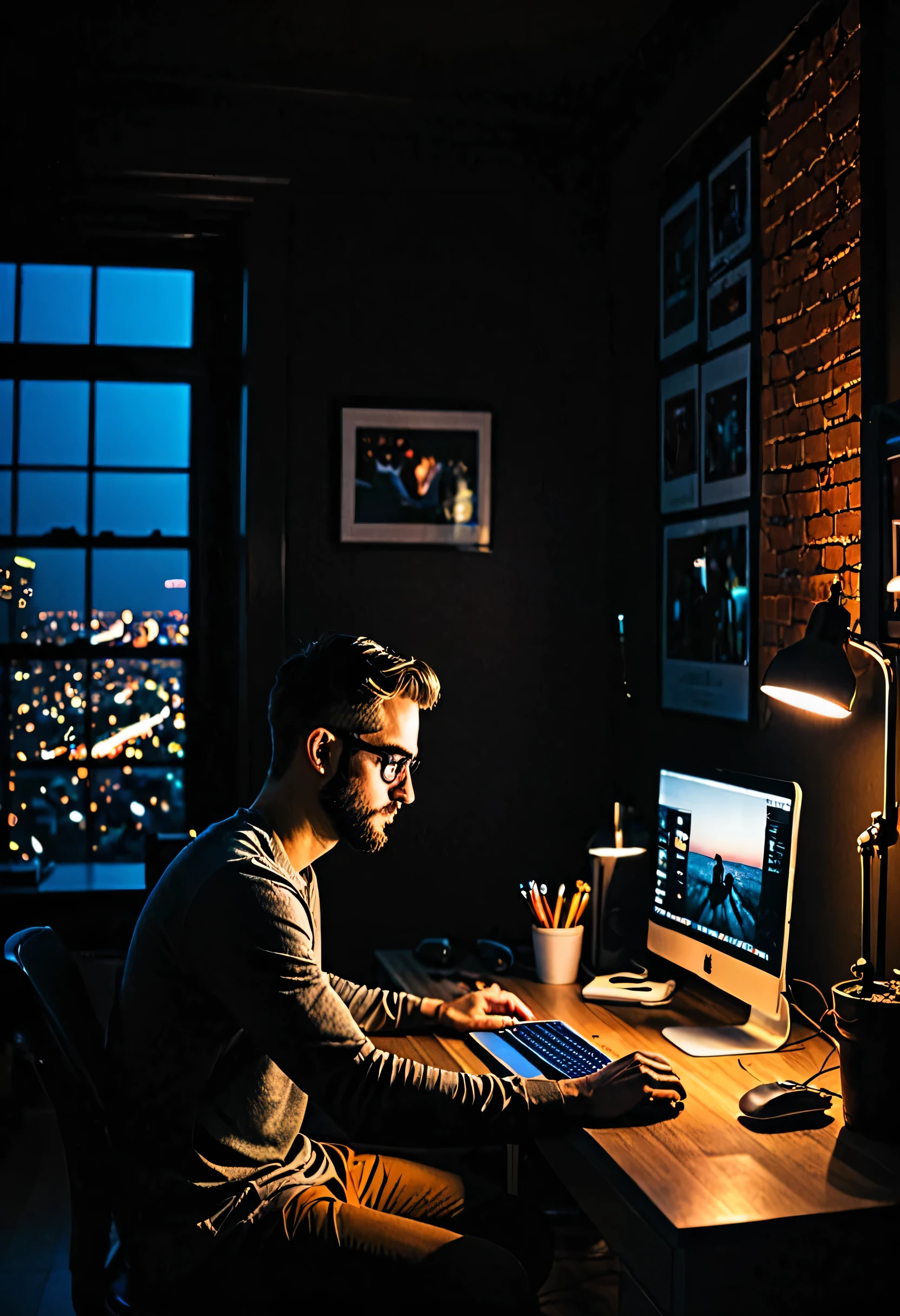 Man, desktop, room, dim light, scrolling through Instagram, computer, room, love, dark