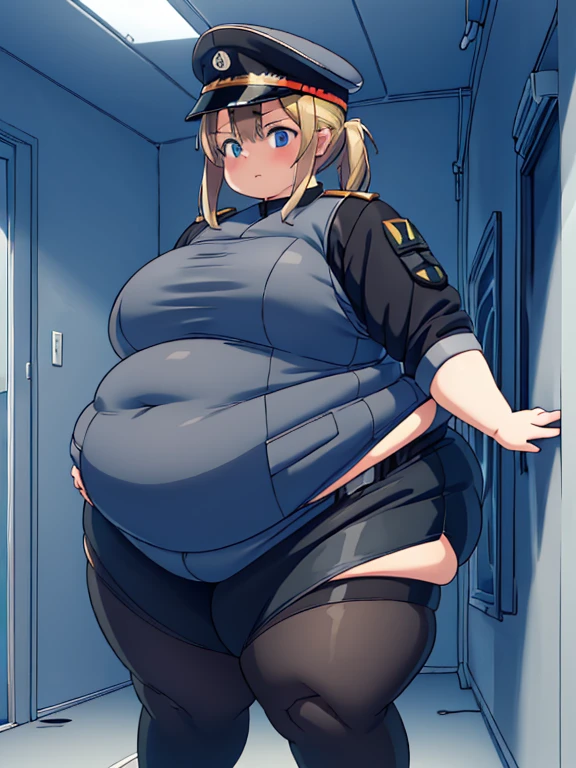 Massively obese captain soldier girl, fat rolls, short hair, (obese belly):1.3, (obese thighs):1.5, (bodysuit):1.3, obese belly, wide hips, blob, sweating, bbw, tactical vest, skirt, huge ass, (captain hat):1.3 extremely fat,  BREAK facility, sheet metal, dark hallways, factory, industrial