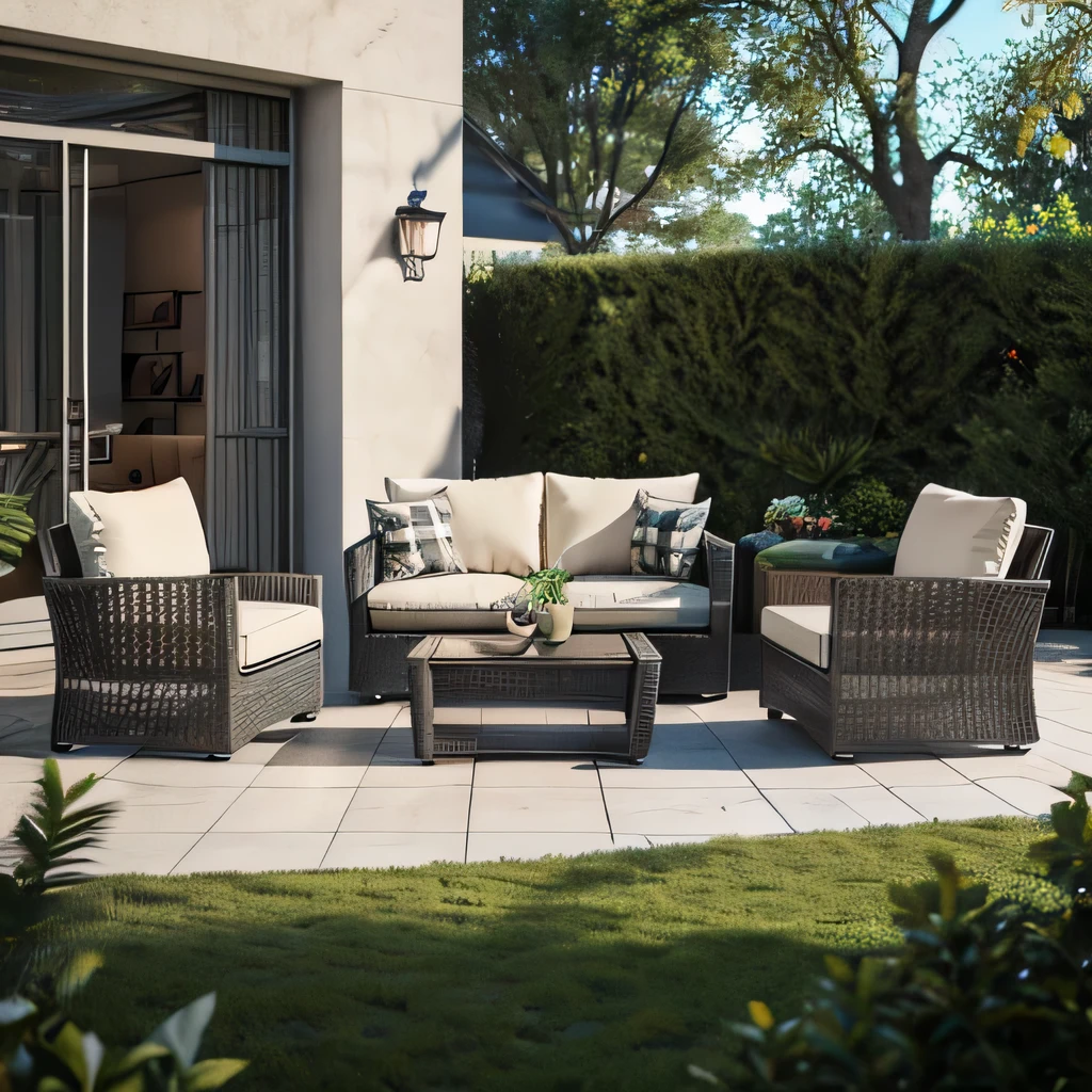 hyper realistic 8k outdoor patio set with cream colour cushions