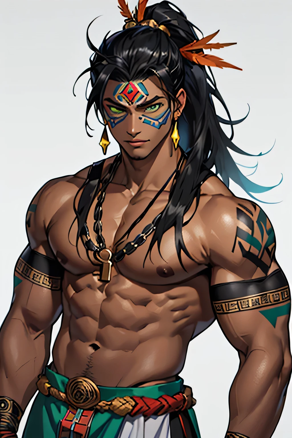 (((Aztec God))), (((Tezcatlipoca))), (((darkest skin))), (((black skin))), (((best quality))), ((masterpiece)), (detailed), perfect face, male, mayan male, black hair, black skin, yellow horizontal painted stripe over eyes, yellow horizontal painted stripe over mouth area, golden armbands on upper arms, toned body, colorful loincloth, detailed key anime art, detailed key concept art, young adult male, green eyes, huaraches, feather headdress, dark skin, quetzal feathers, oenelli, long hair tied up in a high ponytail, is only wearing a loincloth, toned chest, exposed chest, exposed arms, exposed torso, dark skin, black skin, painted black skin, exposed shoulders, almost naked, half naked, yellow and black facepaint, ((detailed eyes)), long hair