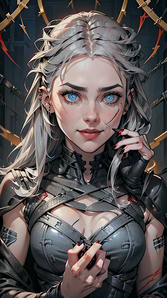 Beautiful young grey-haired woman with piercing red and blue eyes, Half smile with full lips, Black nails, Barbed wire everywhere(Wrapped in black barbed wire),Reading eyes,blue eyes, (Different eyes), (Heterochromia)