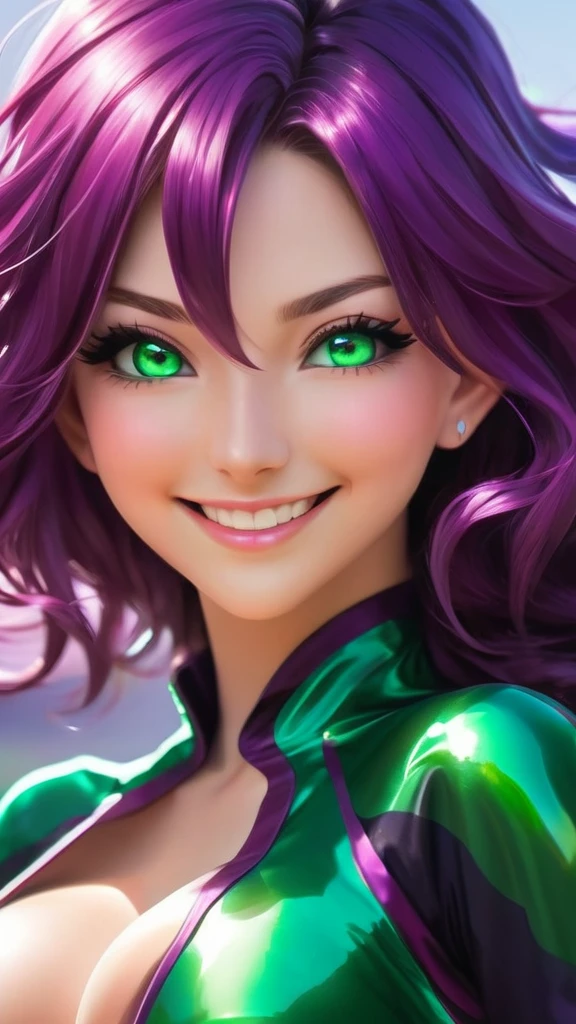 giro de cuerpo completo de un personaje de anime, curvas distintivas del cuerpo, exuding energy and beauty. una mujer joven con estilo, cabello violeta vibrante que fluye en ondas justo debajo de los hombros, Emerald green eyes that reflect her lively energy.. smiling and energetic expression, irradiando positividad. un traje elegante y chic, Con un top corto morado y pantalones cortos negros.. los brazos abiertos, enfatizando una pose atractiva y segura, estilo juvenil moderno y sofisticado. HD, 16k, estilo animado