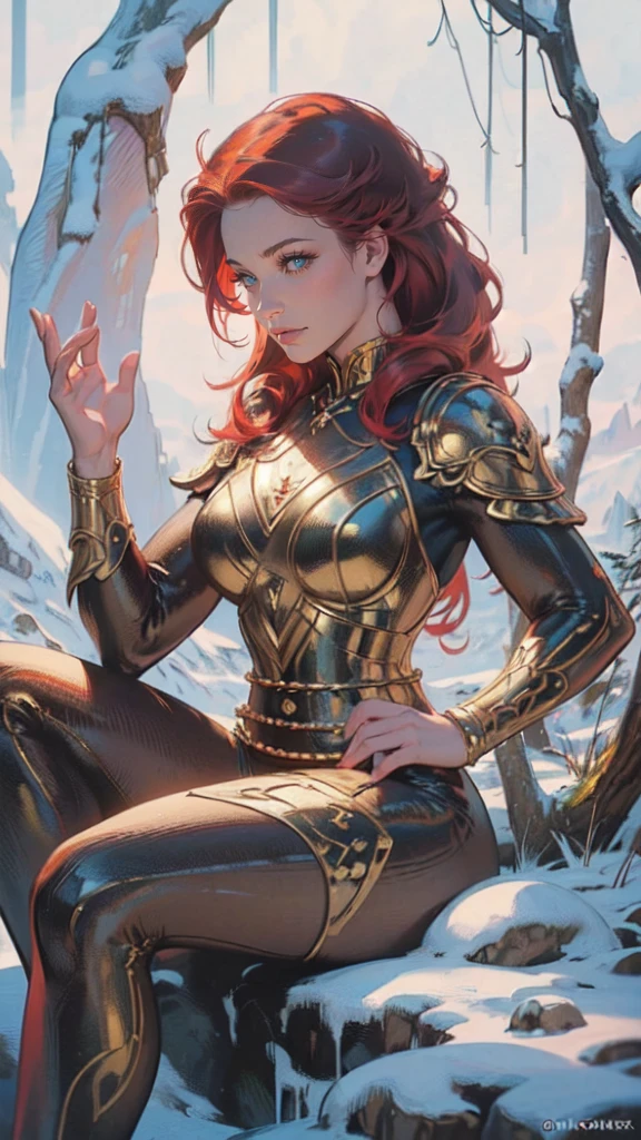 fantasy art, photorealistic, D&D art, larry elmore style, a picture of a female monk sitting cross-legged and meditating on a snowy mountain, on top of a snowy mountain there is a human woman monk wearing monk garbs, meditating near a bonfire (best details, Masterpiece, best quality :1.5) in a snowy forest (best details, Masterpiece, best quality :1.5), red hair, long hair, full body (best details, Masterpiece, best quality :1.5), ultra detailed face (best details, Masterpiece, best quality :1.5), ultra feminine (best details, Masterpiece, best quality :1.5), exquisite beautiful (best details, Masterpiece, best quality :1.5) red hair, long hair, braided hair, pale skin, blue eyes, intense eyes, ultra best realistic, best details, best quality, 16k, [ultra detailed], masterpiece, best quality, (extremely detailed), ultra wide shot, photorealism, depth of field, hyper realistic painting, 3D rendering, gl0w1ngR